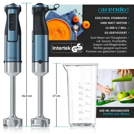 Arendo Edelstahl Stabmixer 1000 Watt - vierflügeliges Messer - Handmixer - Pürierstab - stufenlose Geschwindigkeitsregelung - Turbotaste