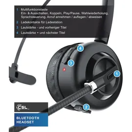 CSL Bluetooth Headset BT 5.3, Mikrofon, Noise Cancelling, Multipoint, mit Ladestation, kabellos, für Smartphone & PC