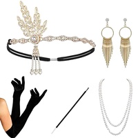 Asudaro 1920s Flapper Set Frau Gatsby Kostümzubehör Feder Stirnband Halskette Kopfschmuck Handschuhe Ohrringe Zigarettenhalter 20er Jahre Halloween Motto Party Retro Kostüm AccessoiresSet-2 Gold