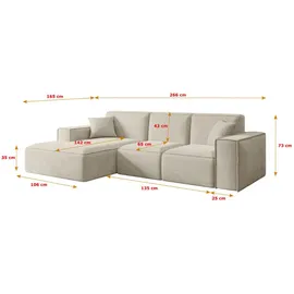 altdecor Ecksofa, Beige, Textil, 6-Sitzer, L-Form, Ottomane rechts, 266x165 cm, Wohnzimmer, Sofas - Couches, Wohnlandschaften, Ecksofas
