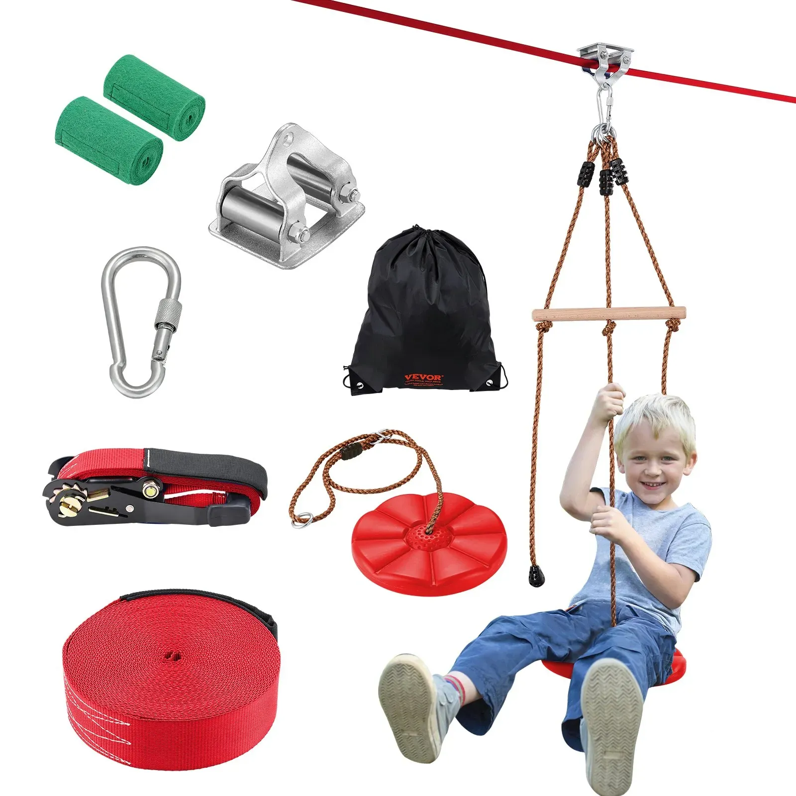 VEVOR Zipline-Set für Kinder & Erwachsene, 20 m Zipline-Sets bis zu 150 kg, Seilrutschen für den Außenbereich im Hinterhof, Spielplatzunterhaltung mit Zipline, Nylon-Sicherheitsgurt & Zubehörsatz