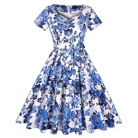 MINTLIMIT Rockabilly Hepburn Faltenrock Floral Cocktail Vintage Teekleid 1950s Vintage Kleid for Women Sweatheart(Blumen Weiß Blau,Größe XL) - XL