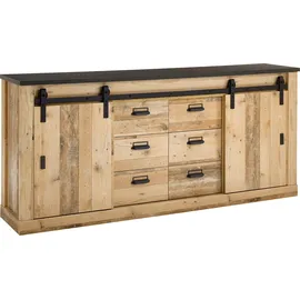 Home Affaire Sideboard HOME AFFAIRE "SHERWOOD", braun (old style hell dekor), B:201cm H:91cm T:43cm, Sideboards, Sideboard, modernes Holz Dekor, mit Scheunentorbeschlag aus Metall, Breite 201 cm