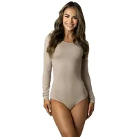 Alkato Body Damen Langarm aus Baumwolle – Bequemer Damen Langarm Body mit Rundhalsausschnitt und Druckknopfverschluss, Farbe: Beige, Größe: XS Long 170-176 cm - XS (Long 170-176 cm)