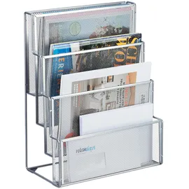 Relaxdays Zeitschriftenhalter Metall, 4 Fächer, Dokumentenablage Büro, HBT: 43x33x18 cm, Magazinhalter, Briefe, Silber
