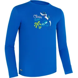 Wasser-T-Shirt Surfen Kinder UV-Schutz langarm - blau bedruckt Gr. 128  - 8 Jahre