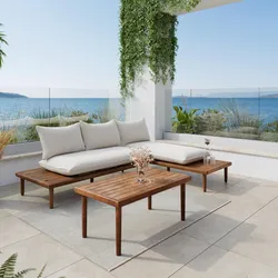 Loungegarnitur Dona Creme Holz/Textil inkl. Abdeckung
