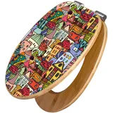 Banjado Design WC Sitz Bambus Holz Toilettendeckel Mit Absenkautomatik Klodeckel WC-Sitz Soft Close Mit Motiv Funky Town