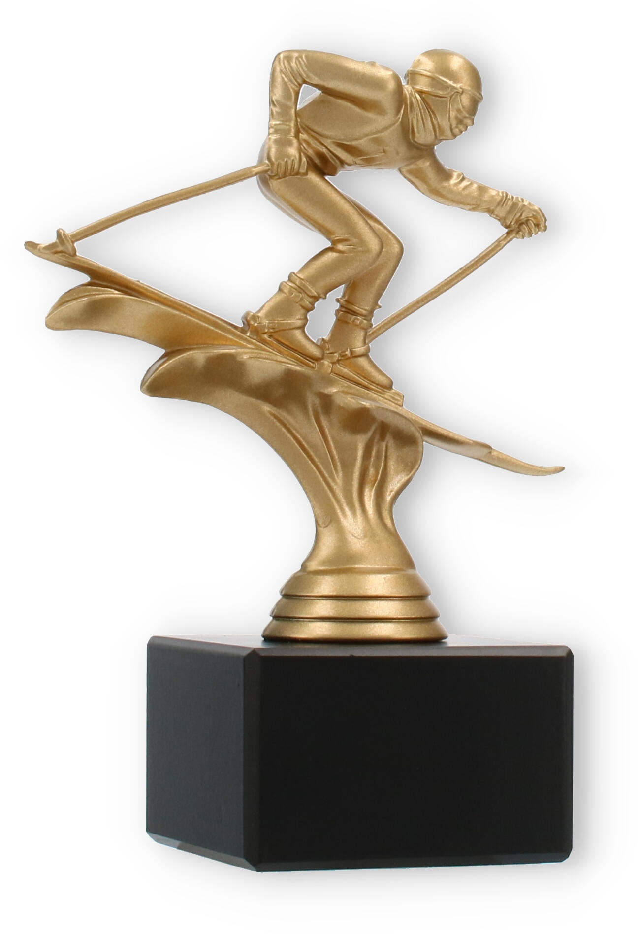 Pokal Kunststofffigur Ski Abfahrt goldmetallic auf schwarzem Marmorsockel 15,6cm