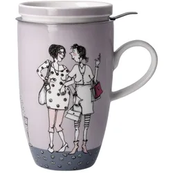Tasse GOEBEL "Barbara Freundlieb", bunt, B:8cm H:14cm, Porzellan, Metall, Trinkgefäße, Teetasse mit Deckel/Sieb, Barbara Freundlieb - Ziemlich b. Freundinnen