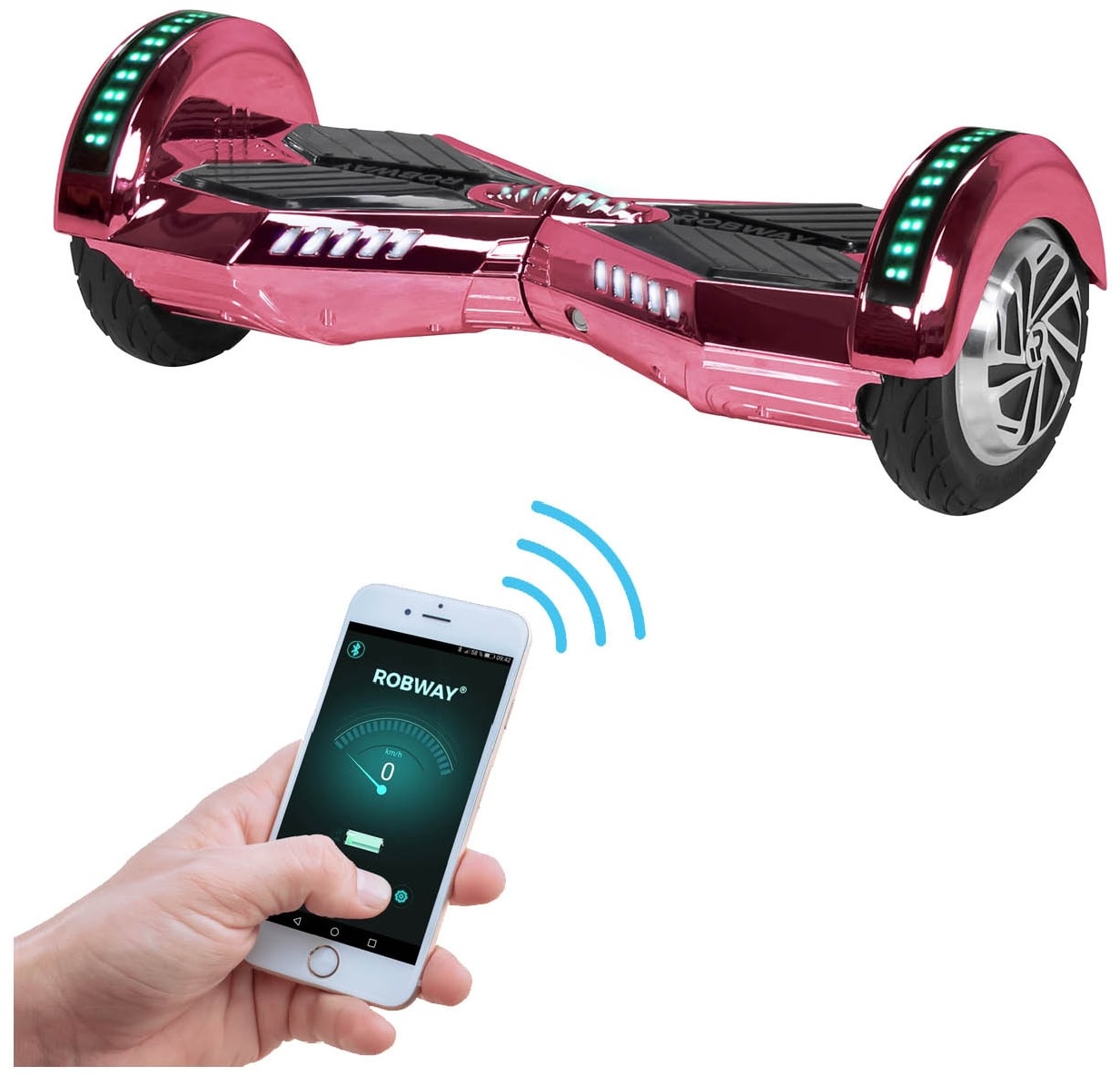 ROBWAY W2 Hoverboard für Erwachsene und Kinder, 8 Zoll, Self-Balance-Funktion, Bluetooth, App, LEDs (Pink Chrom)
