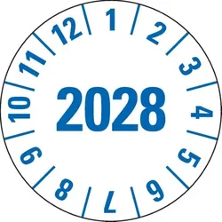 Dreifke® Prüfplakette 2028, weiß, Folie, m.Spezialkl., Oberflächenschutz, Ø 25mm, 105 Stk.