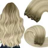 YoungSee Echthaar Tressen zum Einnahen Blond 50cm Tressen Echthaar Aschblond Ombre Blond Haartressen Echthaar Weft Extensions Echthaar Doppelt Tressen Weave Extensions Echthaar 100g #SUN