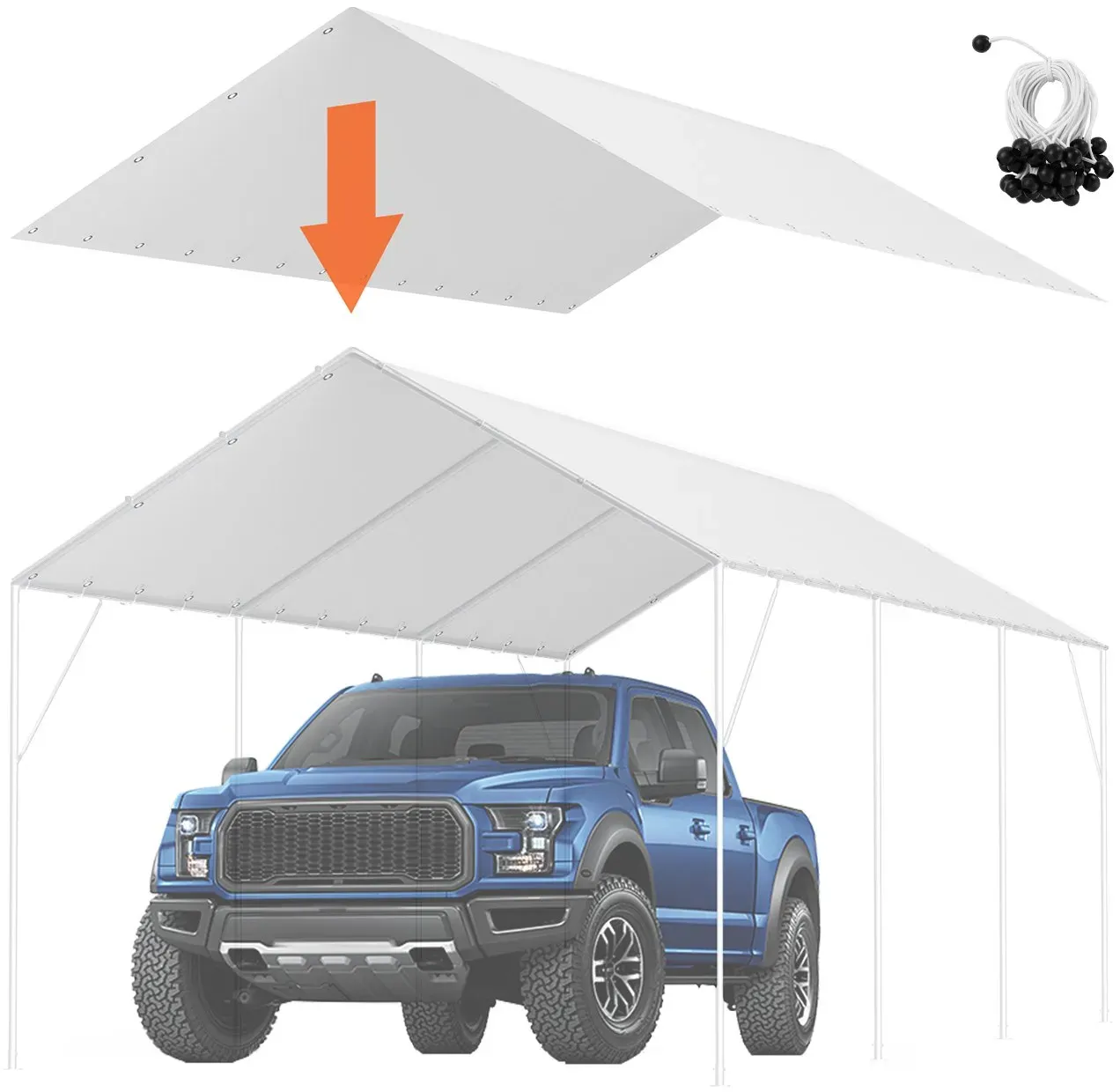 VEVOR 6 x 3 m Zeltgarage, Garagendachzelt-Plane, wasserdicht und UV-geschützt, einfache Installation mit 40 Gummibällen (nur obere Abdeckung, Rahmen nicht im Lieferumfang enthalten), weiß