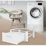 ML-Design Waschmaschinen Untergestell mit Schublade 63x54cm Stahl Weiß bis 150kg, Waschmaschinen-Unterschrank, Stabiler Waschmaschinensockel, H=31,5cm Podest Erhöhung Unterbau für Trockner/kühlschrank