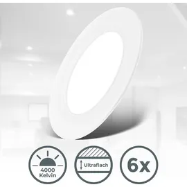 B.K.Licht Einbaustrahler 6er Set (230V) flach neutralweiß 3W 330lm Kunststoff 90x28mm