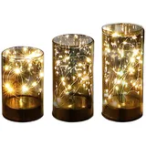 GLOBO Tischleuchten Rauchglas Dekolampe LED Windlicht Glas, Schalter Timer, Batterien, Warmweiß, H 12,5-15-17,5 cm, Set 3er Set