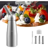 Tolletour - Sahnespender 0.5 l Aluminium Sahnesyphon Mit 3 Edelstahl Deko-Düsen und Reinigungbürste für die Zubereitung von Schlagsahne. Creme.