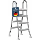 poolomio® Poolleiter Edelstahl mit Handlauf bis 120 cm | Einstiegsleiter mit 3 Stufen für Aufstellpools von 0,9 m bis 1,22 m | sicherer Einstieg, langlebig, stabil | Sicherheitsleiter Traglast 150 kg
