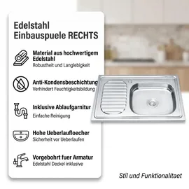 MuCoLa Edelstahlspüle links Einbauspüle silber Handbetätigung 800 x 500 mm