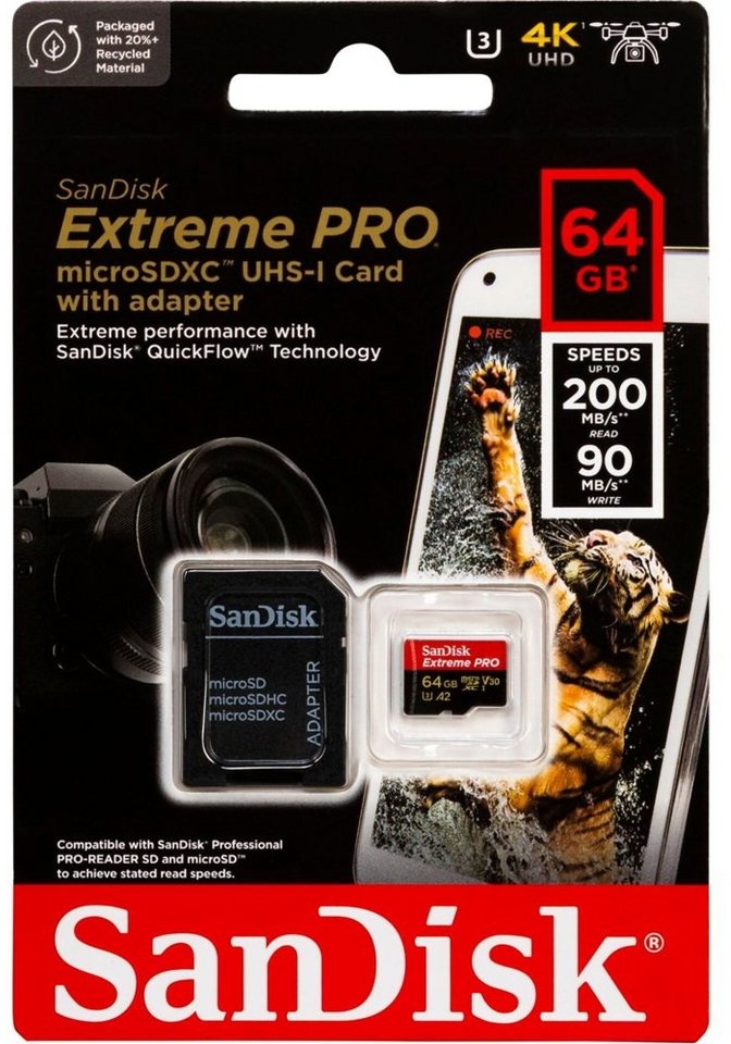 Sandisk Micro SDXC Karte 64GB Extreme Pro UHS-I U3 4K 200 MB/s V30 A2 Class 10 Speicherkarte