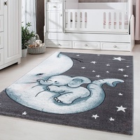 Carpetsale24 Kinderteppich niedliches Elefant Muster Grau und Blau 120 cm Rund - Kurzflor Teppich Kinderzimmer für Junge und Mädchen Pflegeleicht - Waschbar Spielteppich Babyzimmer Babyteppich Runder