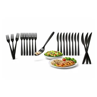 lauroo 200 Stück Schwarzes Mehrweg Besteck Set – 100 Messer & 100 Gabeln – Wiederverwendbar, Spülmaschinengeeignet bis 125 Waschgänge (EN 12875-1) – Stabil & Langlebig – Ideal für Gastronomie & Events