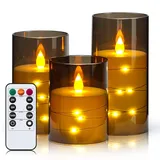 LED Kerzen Flackernde Flamme mit Fernbedienung und Timerfunktion, Grau Acryl Flammenlose Elektrische Kerzen mit eingebetteten Lichterketten, 3er Set