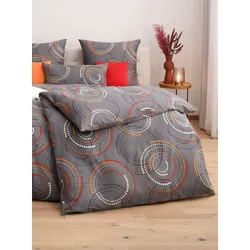 Bettwäsche WÄSCHEPUR Gr. 2, grau (anthrazit, rot, bedruckt), B/L: 155cm x 200cm, , Feinbiber, B/L: 80cm x 80cm, Feinbiber, 100% Baumwolle, Bettwäsche