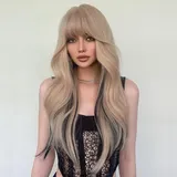 7JHH WIGS Schwarz Highlight Blonde Perücke mit Pony Lange Blonde Ombre Wavy Perücke Synthetische Hitzebeständig Balayaga Perücken für den täglichen Gebrauch Party 25 Zoll