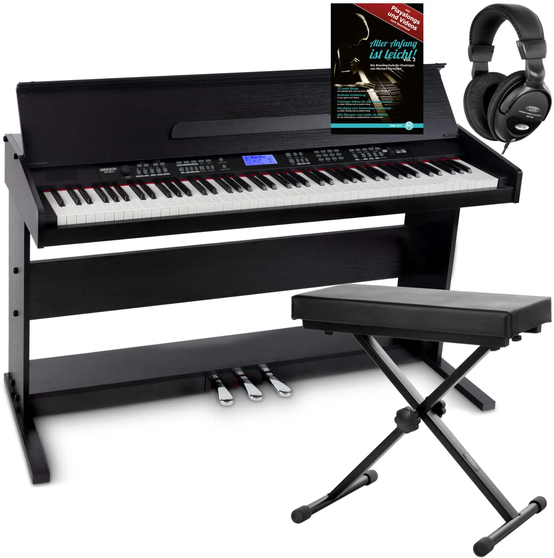 FunKey DP-88 II Digitalpiano schwarz Set mit Keyboardbank, Kopfhörer und Klavierschule