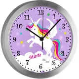 CreaDesign Kinder Funkwanduhr mit (Wunsch) Namen | Kinderzimmer Funkuhr| mit Analog ? Ziffernblatt | geräuscharm | Wanduhr Kind | Motiv Pegasus