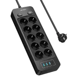 JSVER Steckdosenleiste 10 Fach mit 4 USB Ladeanschlüsse, Mehrfachsteckdose Wandmontage(4000W) Steckerleiste mit USB (5V 3,1A 15,5W),2M Kabel für Smartphones, Laptop, iPAD –Schwarz