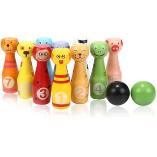 Jacootoys Kegelspiel 10 teiliges Kegel und 2 Bälle Bowling Set für Junge Mädchen Kinder Spielzeug aus Holz Drin Draußen ab 3 Jahren