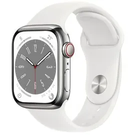 Apple Watch Series 8 GPS + Cellular 45 mm Edelstahlgehäuse silber, Sportarmband weiß