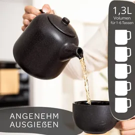 Steinzeit Design Teekanne (1,3L) mit Siebeinsatz aus rostfreiem 304 Edelstahl - Teekanne Keramik mit einzigartiger Glasur mit Sieb herausnehmbar - schwarz