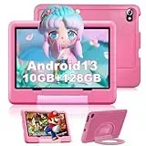 Kinder Tablet 10 Zoll Android 13, 10 GB RAM + 128 GB ROM / 1 TB, Octa-Core, 1080P IPS, Kids Tablet mit Kindersicherung, 6000 mAh, Dual-Kamera, WiFi, Bluetooth 5.0, Tablet Kinder mit Hüllen, Rose