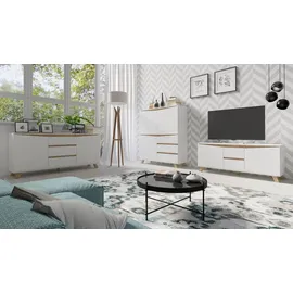 byLIVING Kommode Valentin, Sideboard Breite 180 cm, matt weiß, Applikation in Eichen-Optik - Weiß/Braun
