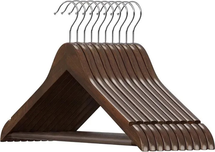 Ochama Massivholz-Kleiderbügel, 10er-Set, für Anzüge, Hemden, Mäntel, Walnussbraun-silbern