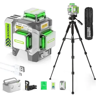 Huepar Pro Kreuzlinienlaser mit Stativ, 360 Laser Wasserwaage Selbstnivellierend Linienlaser Fernbedienung, 127 cm Stativ, 10 Stunden Arbeitszeit Wiederaufladbar, ±2mm hohe Genauigkeit Transportkoffer