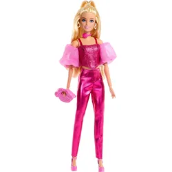Barbie Deluxe Style-Modepuppe #5 in rosafarbenem Metallic-Outfit mit Korsett-Top und Accessoires, blond