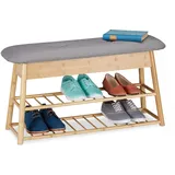 Relaxdays Schuhbank f. 8 Paare, 2 Ablagen, klappbares Sitzpolster, 2 Fächer Stauraum, Bambus, HBT 48 x 28 cm,