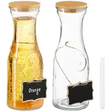 Relaxdays Wasserkaraffe, 2er Set, 1 Liter, Glaskaraffe mit Bambusdeckel, zum Beschriften, Wasserkanne, transparent/natur