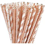 ALINK 100 Stück Papierstrohhalme Roségold, 20cm Trinkhalme Papier in 4 Eleganten Designs, Hochwertige Strohhalme für Party, Hochzeit, JGA und Cocktails