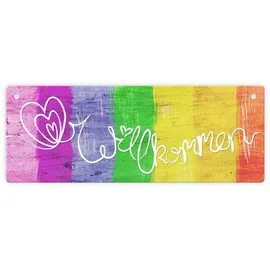 speecheese Willkommen Regenbogen LGBTQ Metallschild L in 10,5x28cm