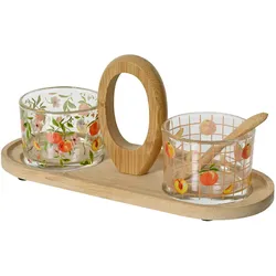Decoris Servierschalen mit Serviertablett 23x9cm Glas Bambus Set Pfirsich Motiv Glasschälchen Snackschalen Dipschalen Schälchen Servierplatte Dipschälchen