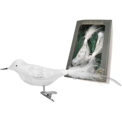 Weihnachtsbaumklammer KREBS GLAS LAUSCHA "Amsel, Eislack, unversilbert", silber, B:6cm H:6cm T:17cm, Glas, Weihnachtsbaumschmuck, Weihnachtsbaumklammern Glas, mundgeblasen, handgefertigt, Glasvogel