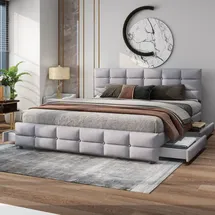 Flieks Polsterbett Doppelbett mit 4 Schubladen, Jugendbett Massivholzbett mit Lattenrost, Stauraumbett Ehebett, Samt, Grau - Grau