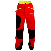 Oregon Waipoua Kettensägen-Schnittschutzhose, Typ A Klasse 1, sägesicherer Schutz, verstellbare, leichte, atmungsaktive, verstärkte Kleidung, Größe XL/EU 54-56– Hi Vis Rot/Gelb/Schwarz (295469/XL)