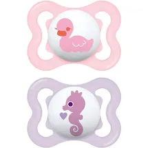 MAM Schnuller Air S229, Auflagefläche mit extra großen Löchern für empfindliche Haut, mit SkinSoftTM-Silikon-Sauger für 0+ Monate, Rosa (2 Stück) mit automatischer Sterilisierungsbox, 0+ meses